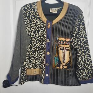 24 Karat Jacket Womens Medium Black Multicolor Art to Wear Patchwork Rayon Boho